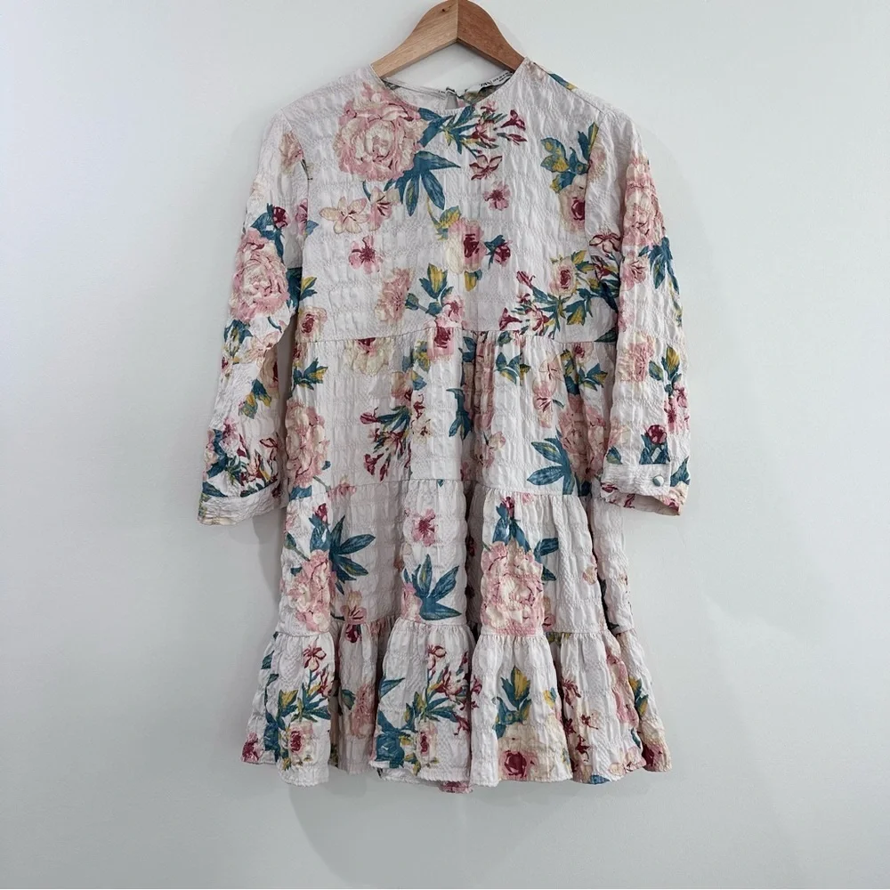Zara Sharon 3/4 sleeve ruffle tiered floral dress multicolor pink green medium - Picture 3 of 7